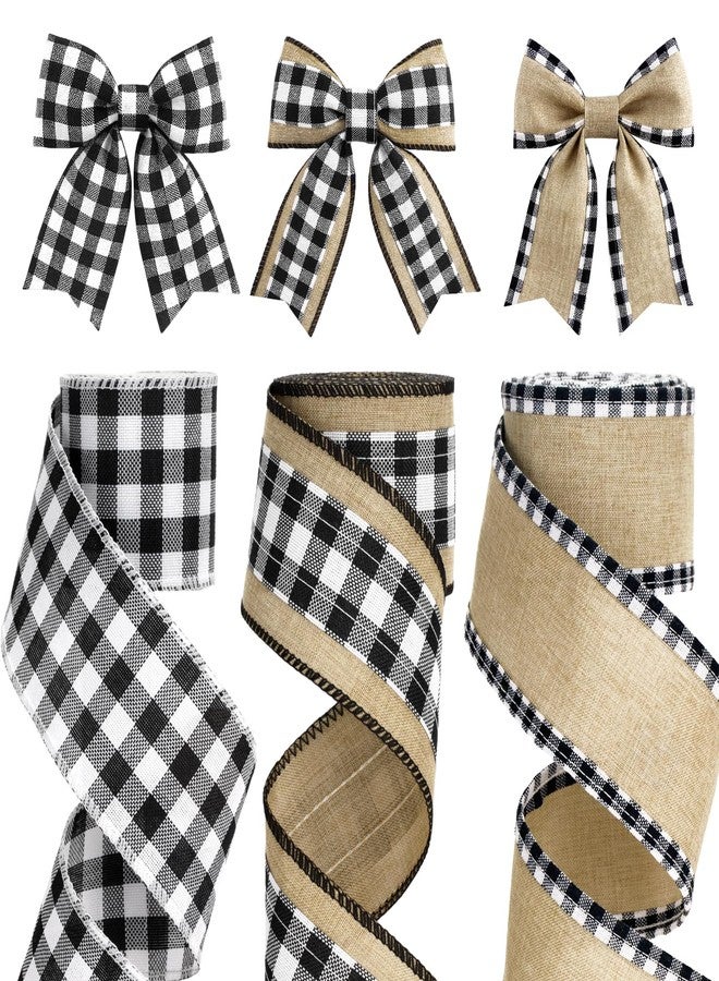 كينجلاك شريط كينجليك بنقشة مربعات الجاموس، سلكي - 3 لفات 2.5 بوصة × 18 ياردة، شرائط خيش بنقشة مربعات سوداء وبيضاء للأعمال اليدوية، وتغليف هدايا عيد الميلاد، والأكاليل، والزينة - Image 1